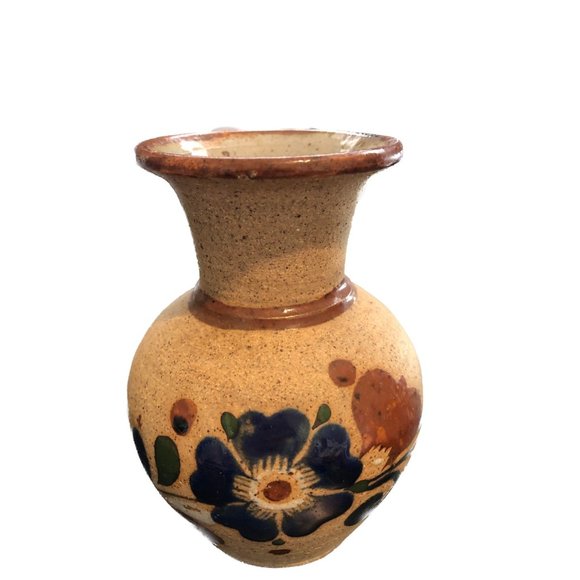 MEXICANA Other - Sandstone Pottery Vase Hand Painted Blue Flowers signed Mexico
